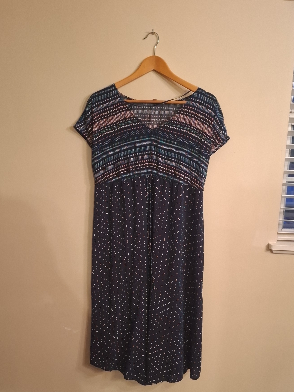 Geometric Maternity Midi Dress Waist Tie Flowy Lightweight Indie Boho Size Large